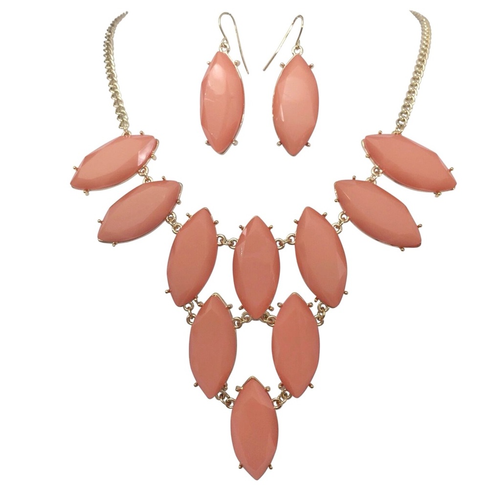 Peach Pink Eye Cluster Bib Necklace Earrings Set